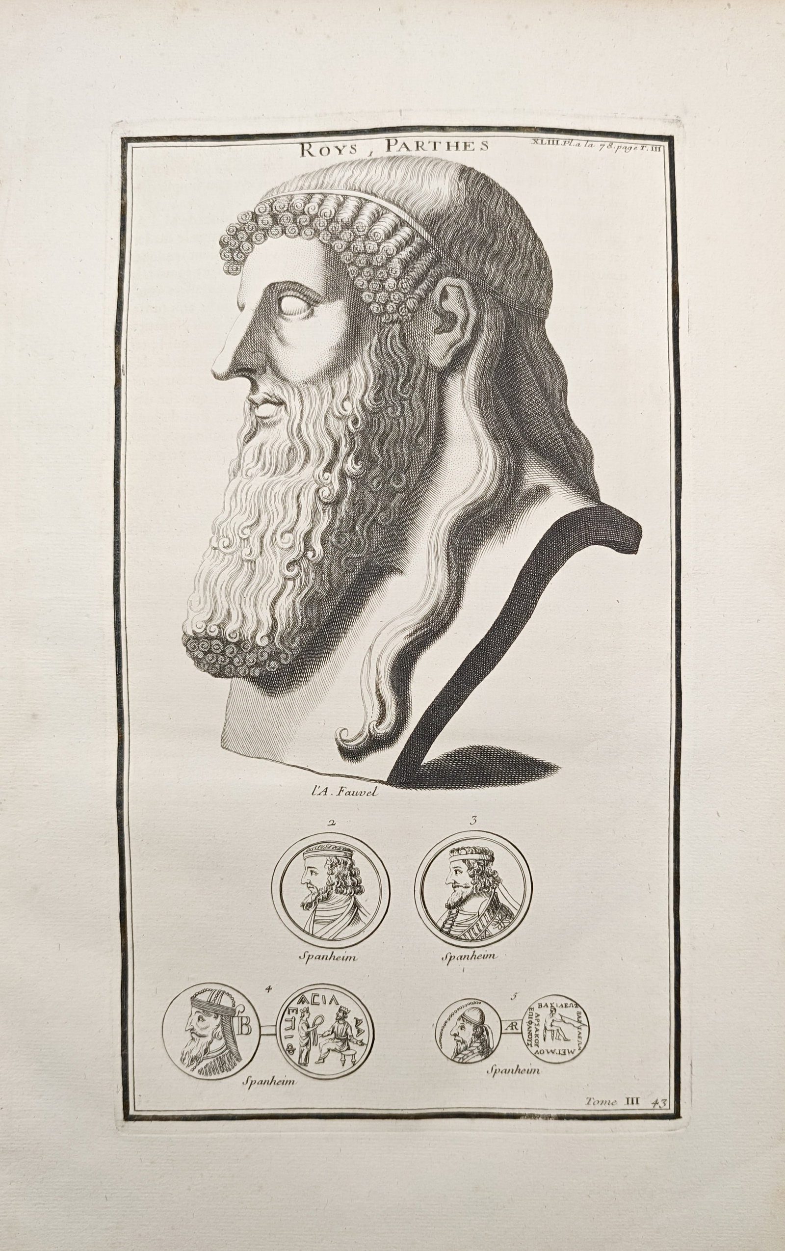 Bernard de Montfaucon - Parthian Kings and Numismatic Portraits - Engraving (1719): "Parthian Kings" presents an antiquarian study featuring a classical sculpted portrait bust of a ruler alongside engraved numismatic depictions of historical coinage. The work was published in Paris i