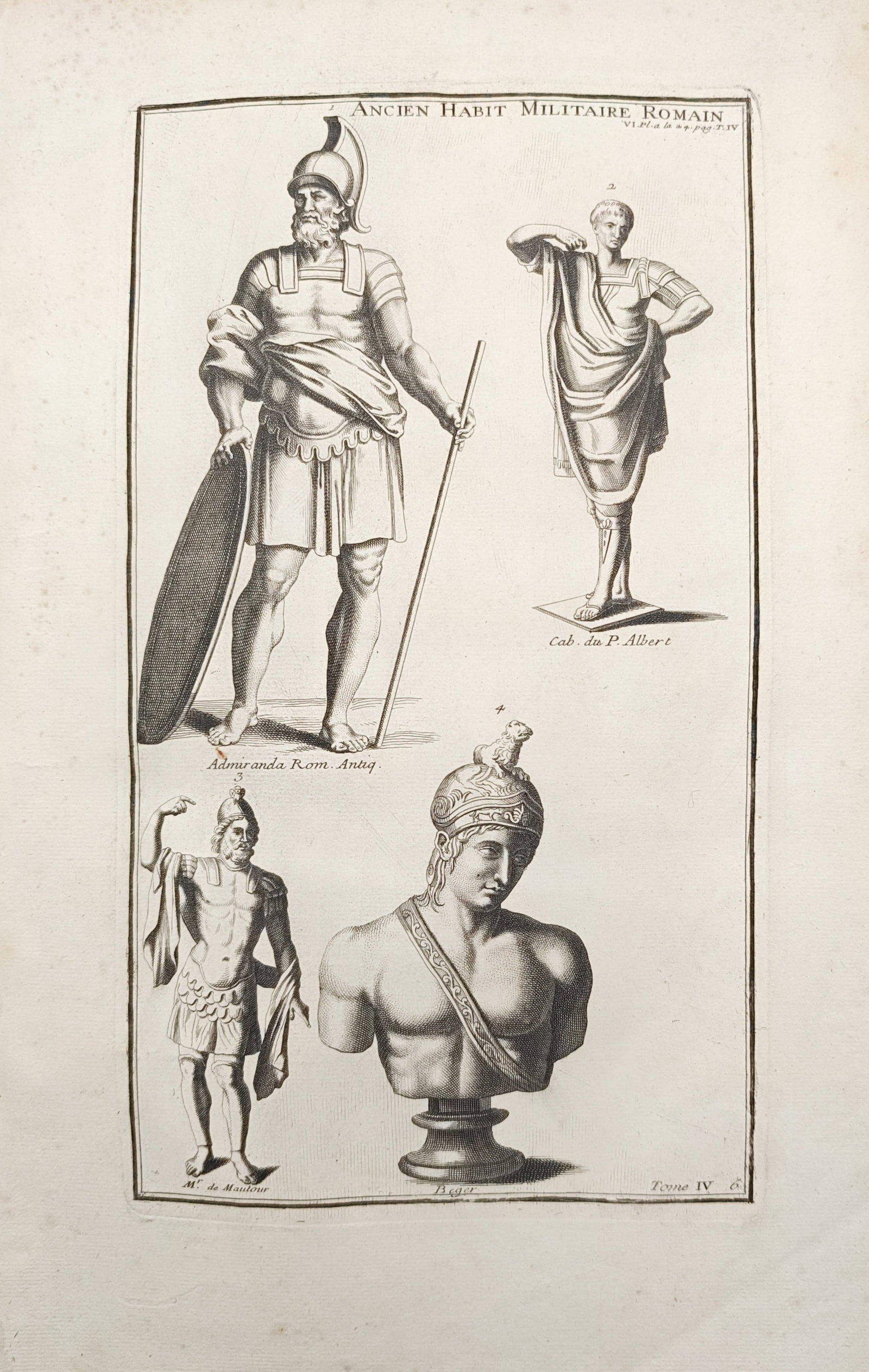 Bernard de Montfaucon - Ancient Roman Military Dress and Armored Figures - Engraving (1719): "Ancient Roman Military Dress" presents an antiquarian visual study displaying figures of Roman soldiers alongside a classical sculpted bust wearing armor and ornate helmets. The work was published in