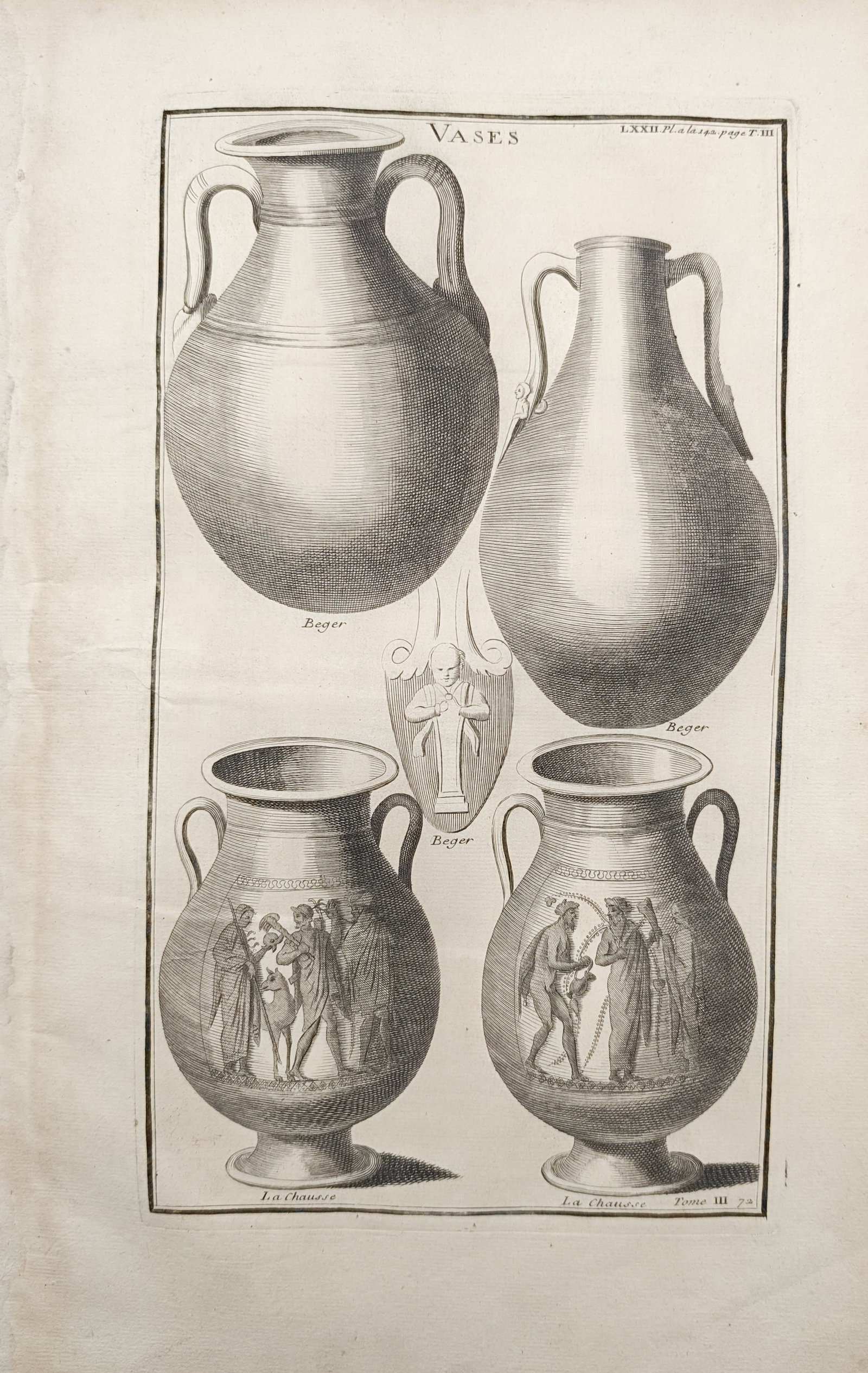 Bernard de Montfaucon - Classical Antiquity Vases and Figurative Urns - Engraving (1719): "Vases" presents an archaeological antiquarian study illustrating varied classical ceramic vessels including handled amphorae, decorative figurative urns depicting mythological scenes, and a central s