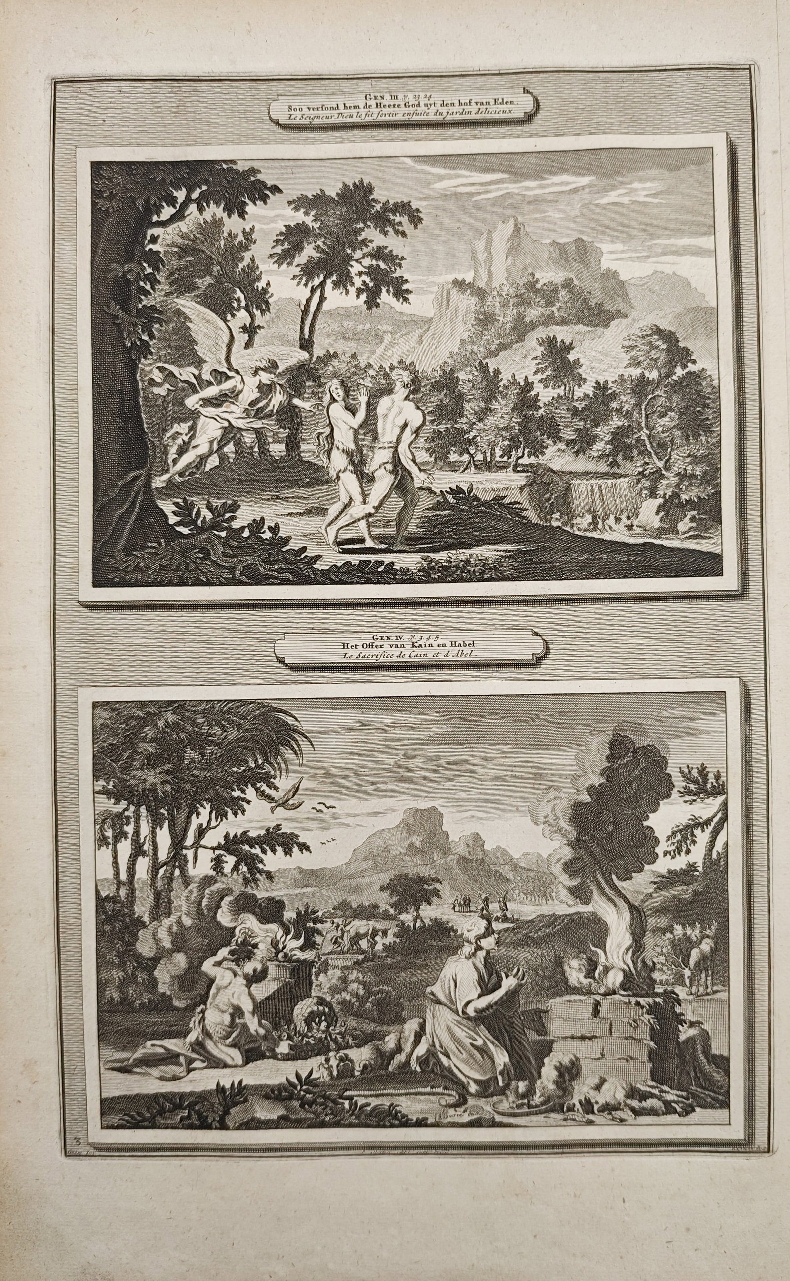 Pierre Mortier - The Expulsion from Eden and the Offerings of Cain and Abel - Engraving (1700): "The Lord God Sent Him Out from the Garden of Eden" presents a classical biblical study illustrating the expulsion of humanity from Paradise alongside the smoking sacrificial offerings of the first br