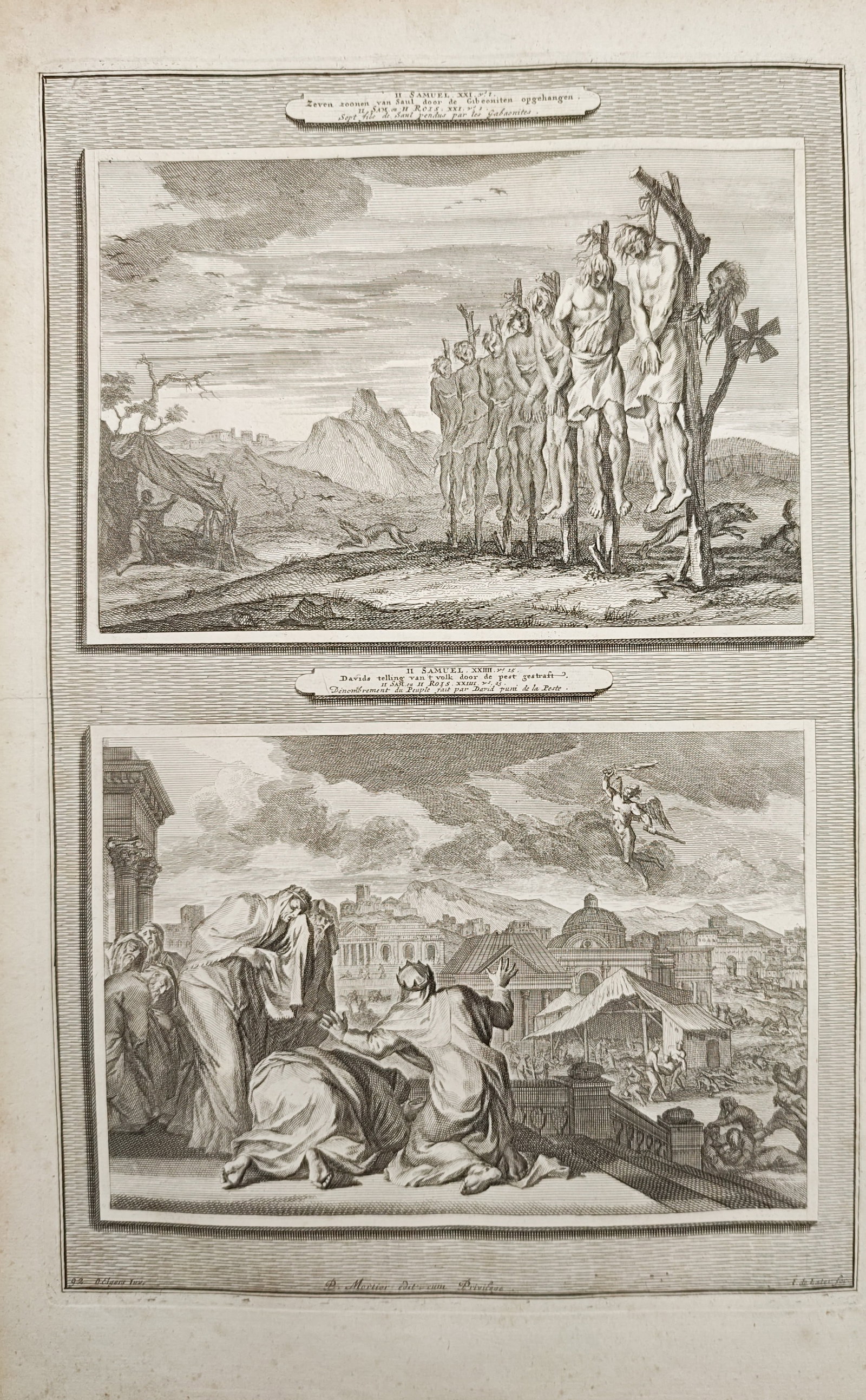 Pierre Mortier - Seven Sons of Saul Hanged by the Gibeonites and the Avenging Angel over Jerusalem -: "Seven Sons of Saul Hanged by the Gibeonites and David's Vision of the Plague Angel" presents a narrative biblical study illustrating dramatic episodes from the Second Book of Samuel featuring execute