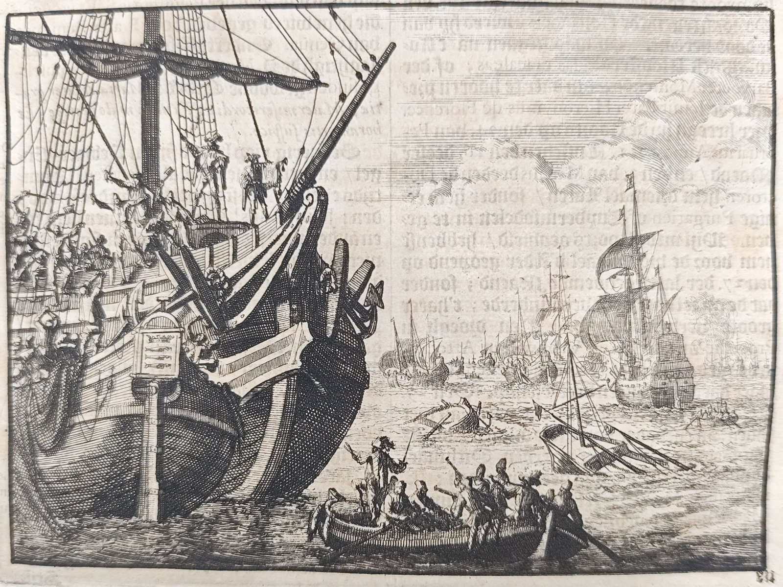 Johann Ludwig Gottfried - Dutch Merchant Vessels and Armed Fleet Expedition - Engraving (1698): "Dutch Merchant Ships and the Naval Expedition of 1617" presents a historical maritime scene illustrating large rigged sailing vessels, armed boarding crews, and rowboats navigating coastal waters dur