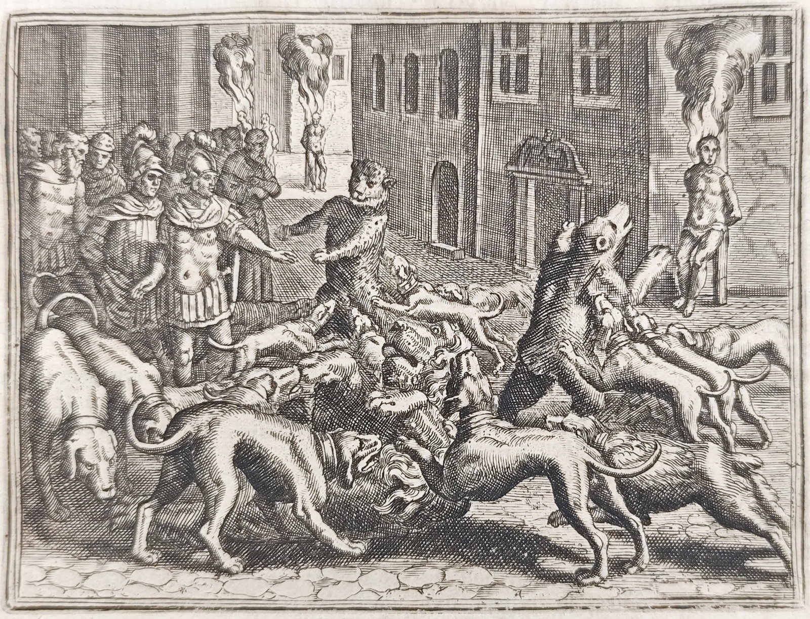 Johann Ludwig Gottfried - The Persecution of Christians Under Emperor Nero - Engraving (1698): "Persecution of Christians Under Emperor Nero" presents a dramatic historical chronicle scene illustrating early Christian martyrs bound and subjected to public torment before classical Roman architec