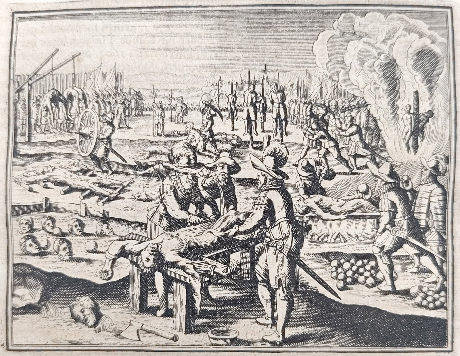 Johann Ludwig Gottfried - Punishment and Torture of Mutineers at Papa - Engraving (1698): "Punishment of the Mutineers at Papa" presents a grim historical chronicle scene illustrating the severe public execution and torture of mutinous garrison soldiers outside the fortress of Papa in the 