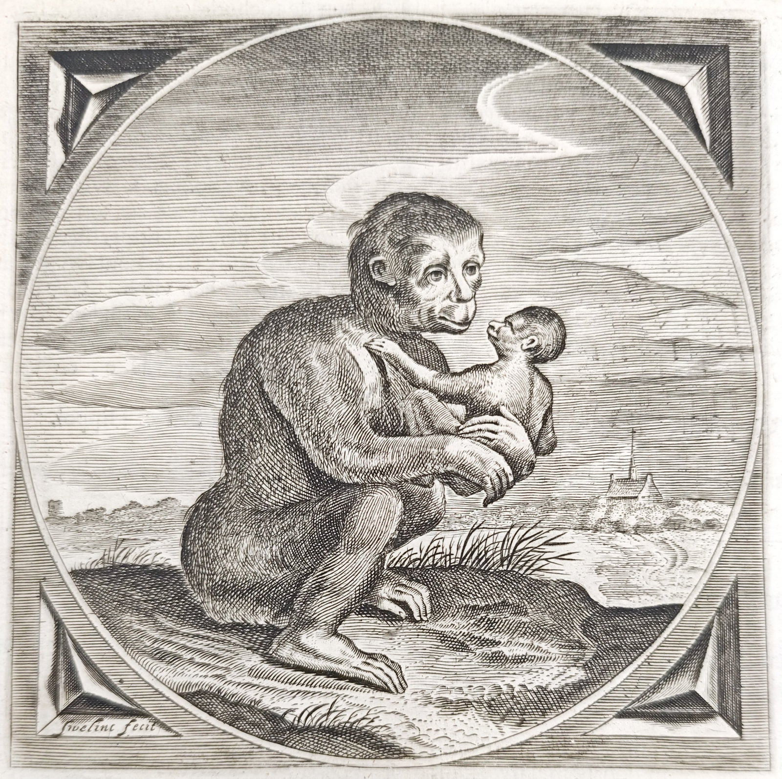Jacob Cats - Maternal Ape with Offspring and Moral Emblem - Engraving (1655): "Love Is the Seasoning of Beauty" presents an allegorical moral emblem illustrating an ape tenderly embracing her young offspring within a rural landscape accompanied by philosophical verses and maxim