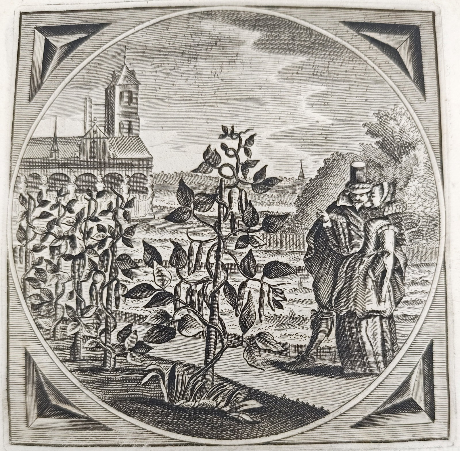 Jacob Cats - Climbing Bean Plant and Embracing Lovers in an Estate Garden - Engraving (1655): "Not Even the Highest Is Enough" presents an allegorical moral emblem illustrating climbing bean plants trained on stakes alongside an embracing couple in an expansive estate garden before a grand cla