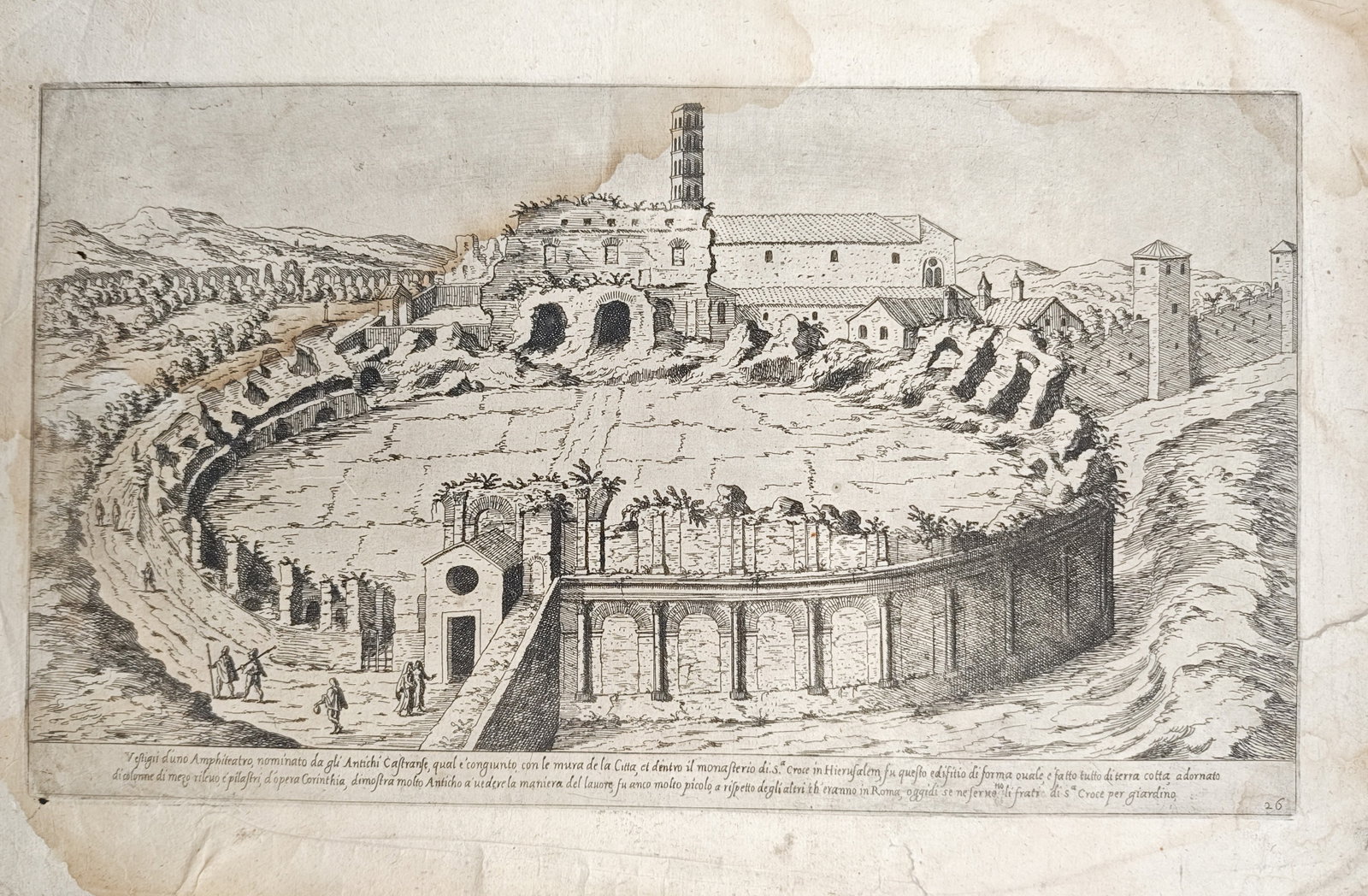 Etienne Duperac - Ruins of the Castrense Amphitheater and Santa Croce in Gerusalemme - Etching (16th: "Remains of an Amphitheater Named Castrense by the Ancients" presents an architectural topographical study illustrating the ancient Roman brick ruins of the Amphitheatrum Castrense alongside the monas