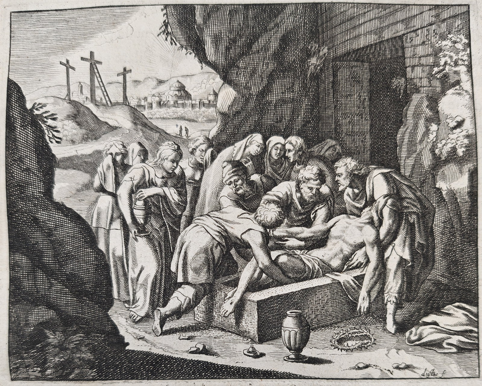 Nicolas Fontaine - The Burial of Jesus Christ and Mourners at the Tomb - Engraving (17th Century): "Sepulchre of Jesus Christ" presents a biblical religious scene illustrating the sorrowful entombment of Christ as figures tenderly lower his body into a stone sepulcher before a cavernous grotto and 