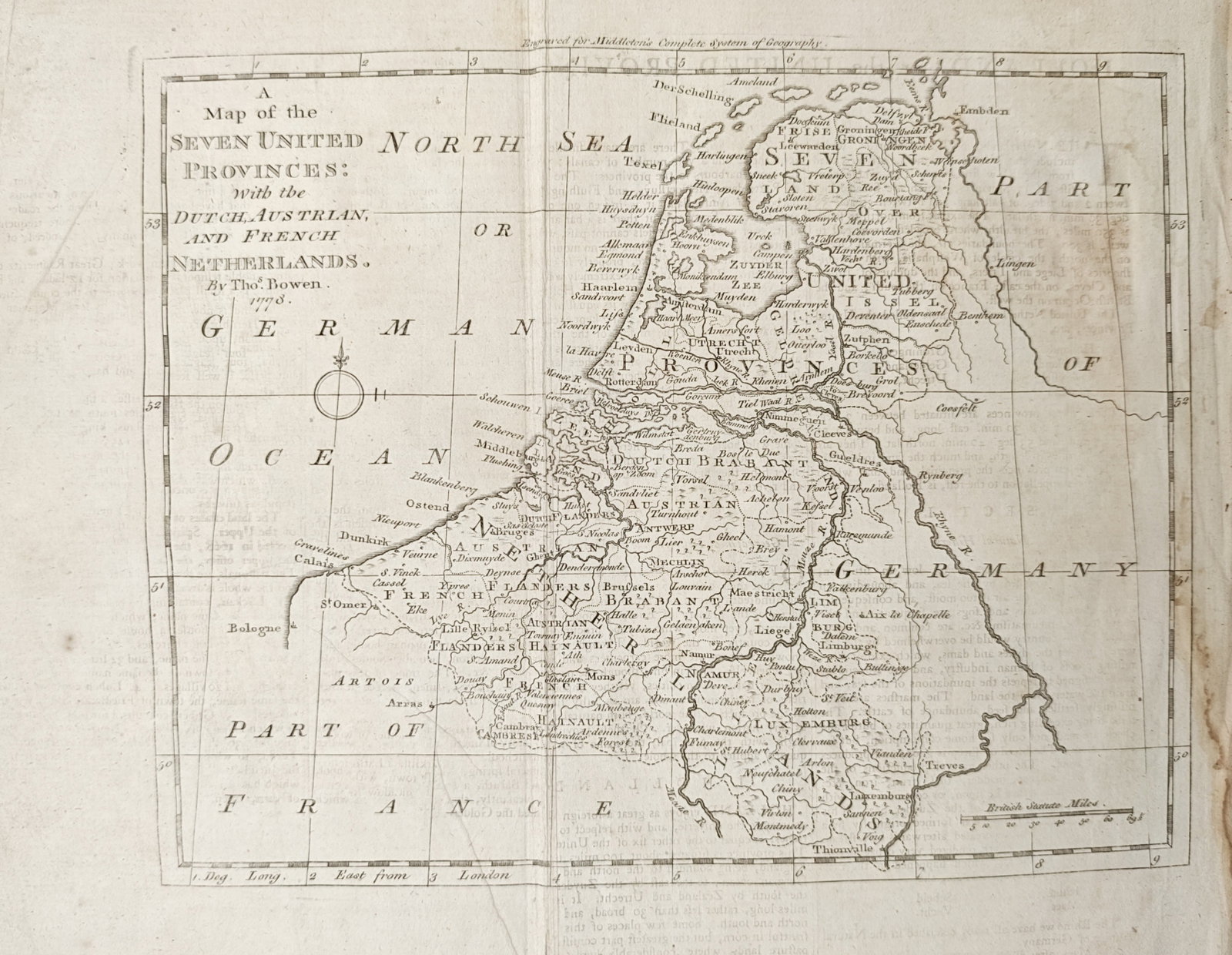 Thomas Bowen – Map of the Seven United Provinces – Netherlands – Engraving (18th Century): "A Map of the Seven United Provinces with the Dutch, Austrian, and French Netherlands" presents a historical cartographic study outlining the territorial divisions of the Low Countries, depicting regi