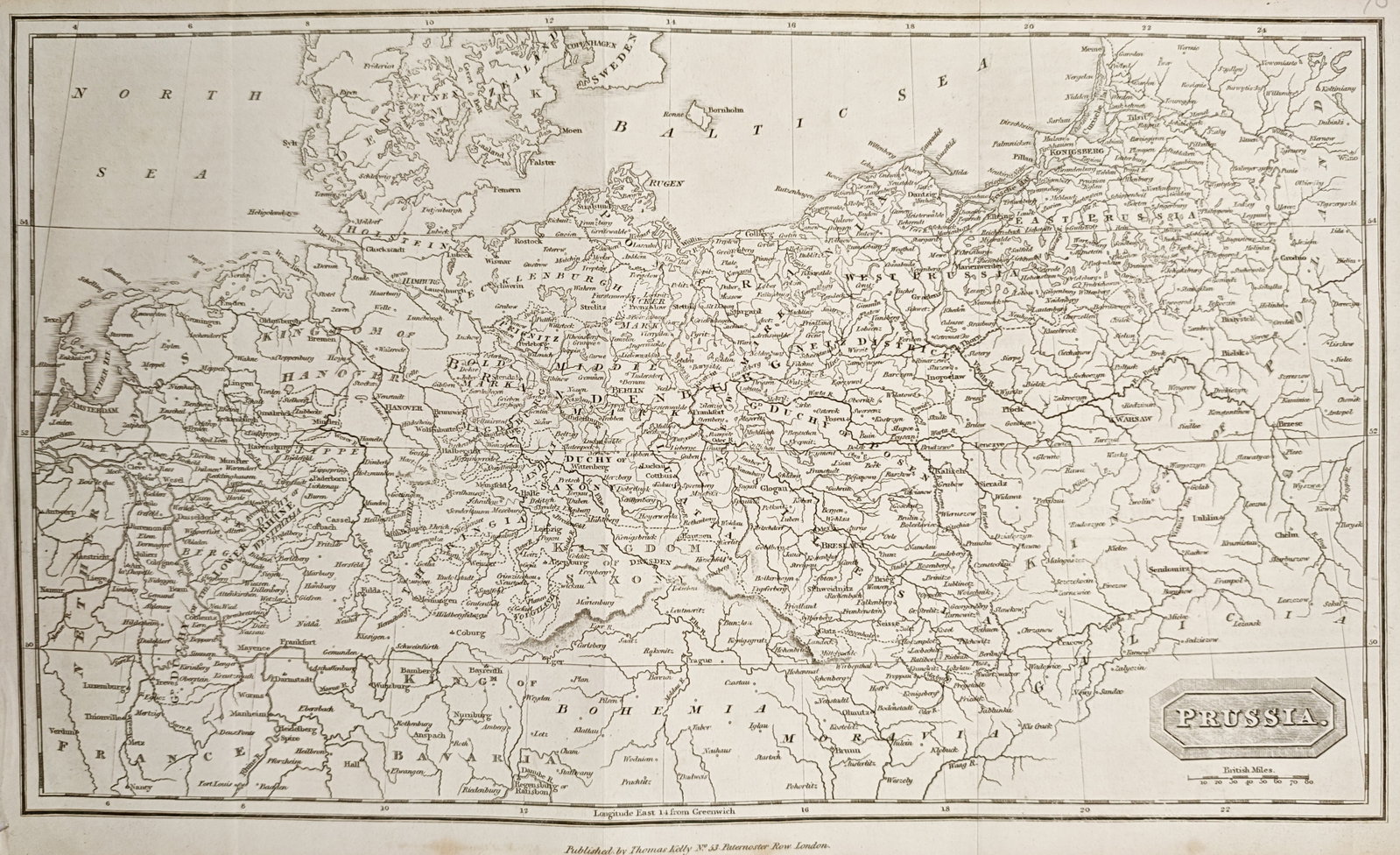 Thomas Bankes – Map of the Kingdom of Prussia – Prussia – Engraving (18th Century): "The Kingdom of Prussia" presents an expansive historical cartographic study illustrating Central European geography, detailing provincial frontiers, principal cities, waterways, and coastal shoreline