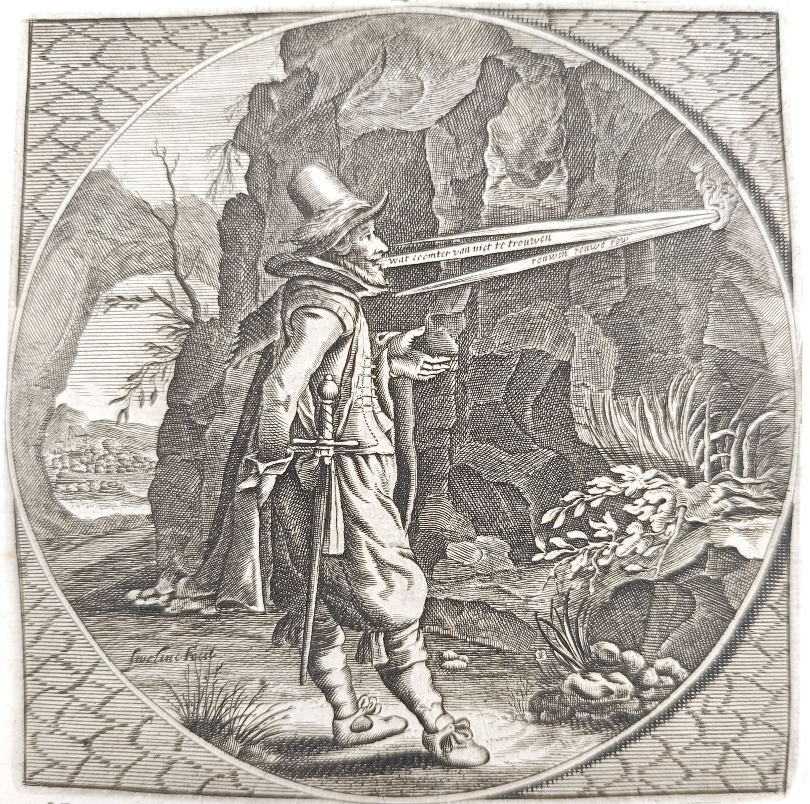 Jacob Cats - Moral Emblem of the Traveler and the Echo - Engraving (1655): "Nothing Unless Known" presents a classical moral emblem illustrating an elegantly attired seventeenth-century traveler calling into a rocky cavern to hear an echo within a circular tondo framed by po