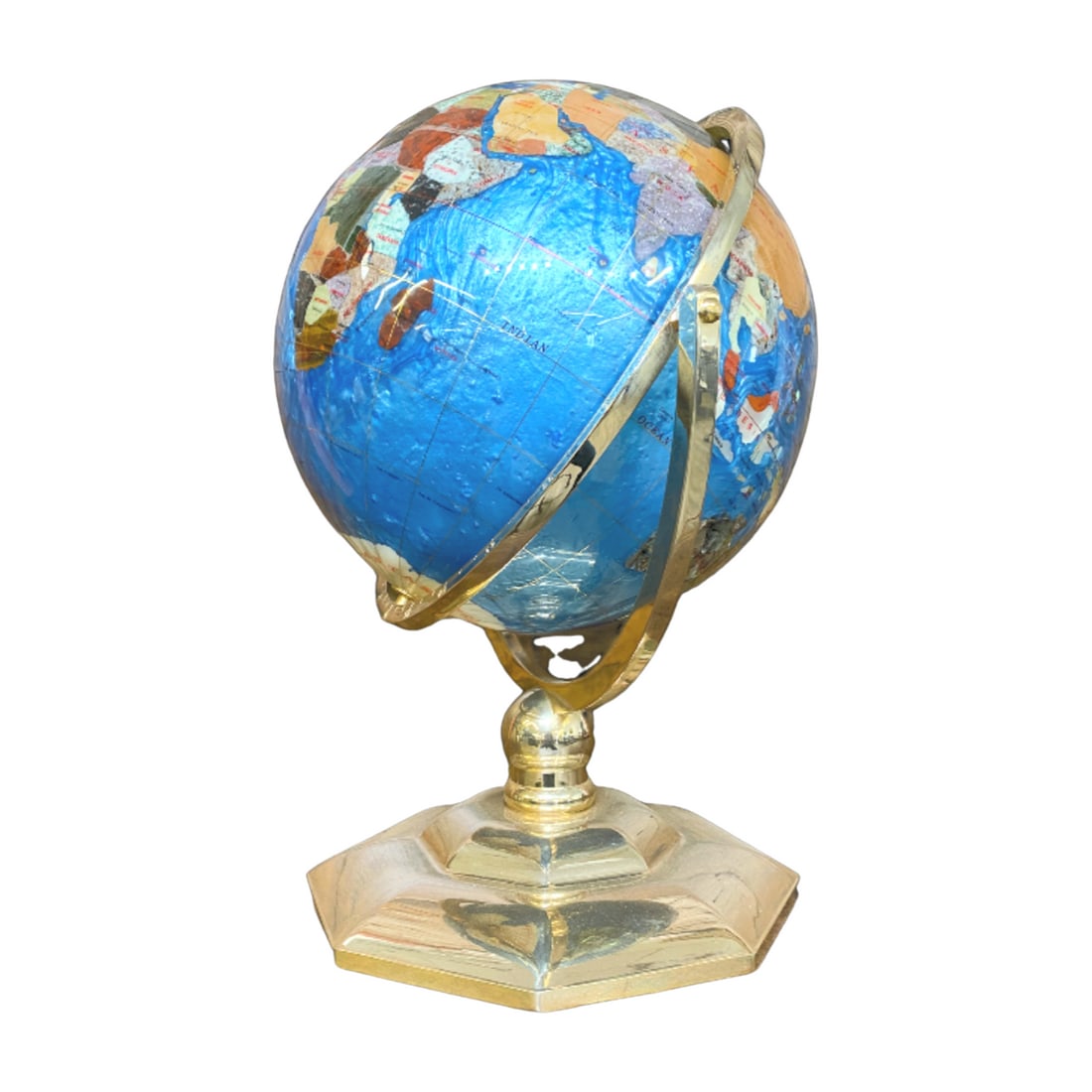 Vintage Semi-Precious Stone Inlaid Glass Globe on Brass Stand (1 of 7)