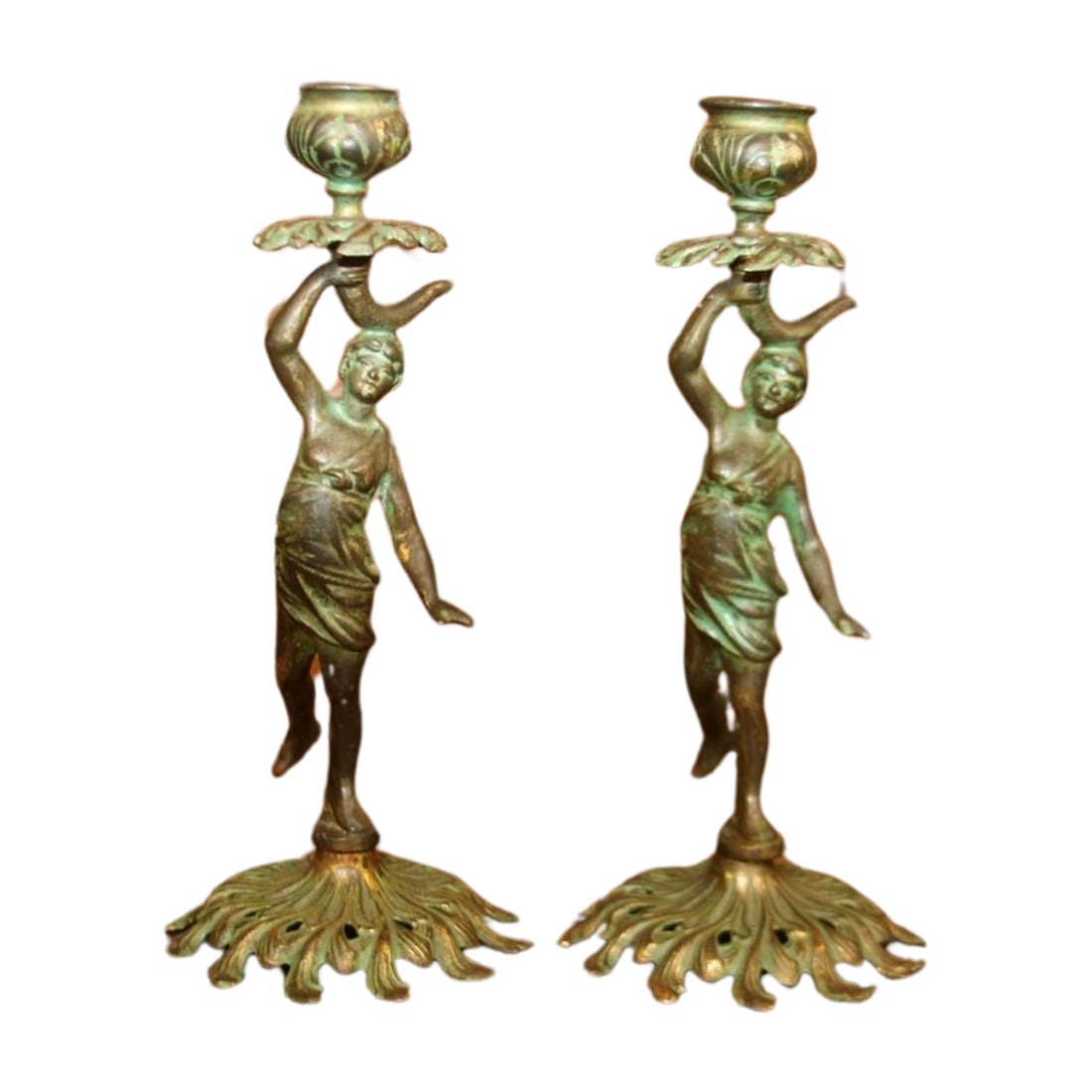 Art Nouveau Gilt Iron Candlesticks Pair of Bacchanalian Figural Early 20th Century: Pair of Art Nouveau gilt iron candlesticks, depicting frolicking Bacchanalian figures. Each measures Height 9" Diameter 4"