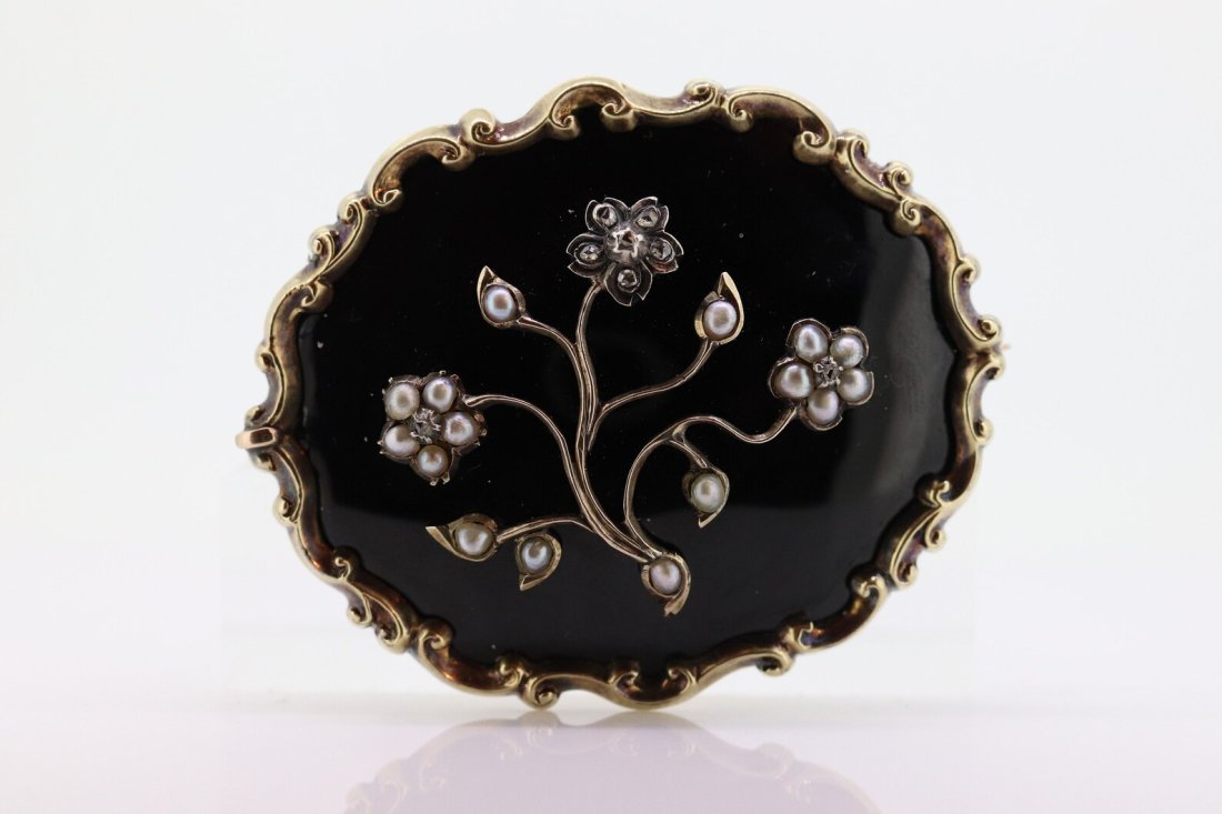 12k Victorian Black Enamel, Seed Pearls, Diamond Antique Mourning Brooch.: Wonderful Forget Me Not flowers adorned with Pearls, Diamonds. Black Enamel Background Back Engraved Dec 8 1844. Braided Hair inside. Condition: Excellent condition for the age. Unmarked. Tests 12k go