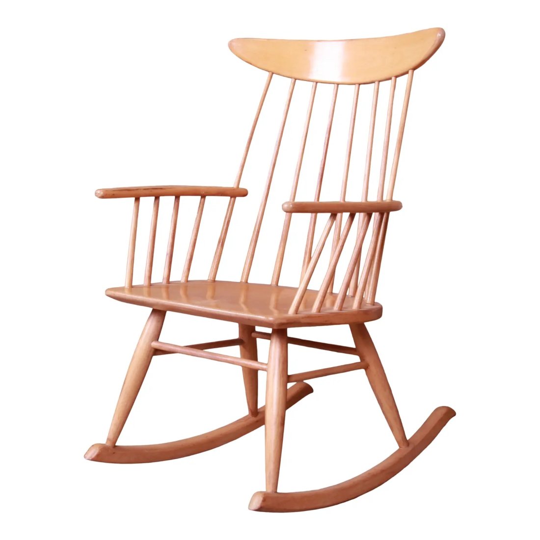 Russel Wright for Conant Ball Solid Birch Rocking Chair, 1950s: A gorgeous mid-century modern solid birch spindle back rocking chair By Russel Wright for Conant Ball USA, 1950s Measures: 24"W x 28"D x 36.5"H. Seat height 16.25"; arm height 24". Good original vinta