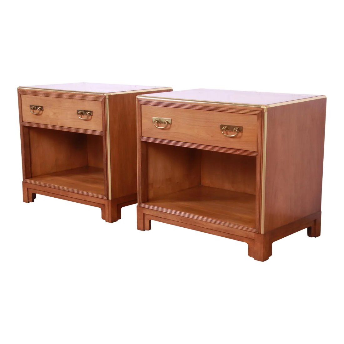 Michael Taylor for Baker Furniture Mid-Century Modern Hollywood Regency Cherry and Brass Nightstands: A gorgeous pair of mid-century modern Hollywood Regency Chinoiserie nightstands or side tables By Michael Taylor for Baker Furniture, "Far East Collection" USA, Circa 1970s Cherry wood, with original