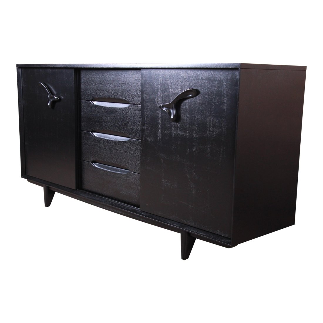 Paul Laszlo for Brown Saltman Ebonized "Treasure Chest" 21-Drawer Dresser or Credenza, Refinished: A rare and exceptional mid-century modern ebonized mahogany 21-drawer "Treasure Chest" long dresser or credenza By Paul Laszlo for Brown Saltman USA, 1950s Measures: 74"W x 20"D x 36.88"H. Newly refin