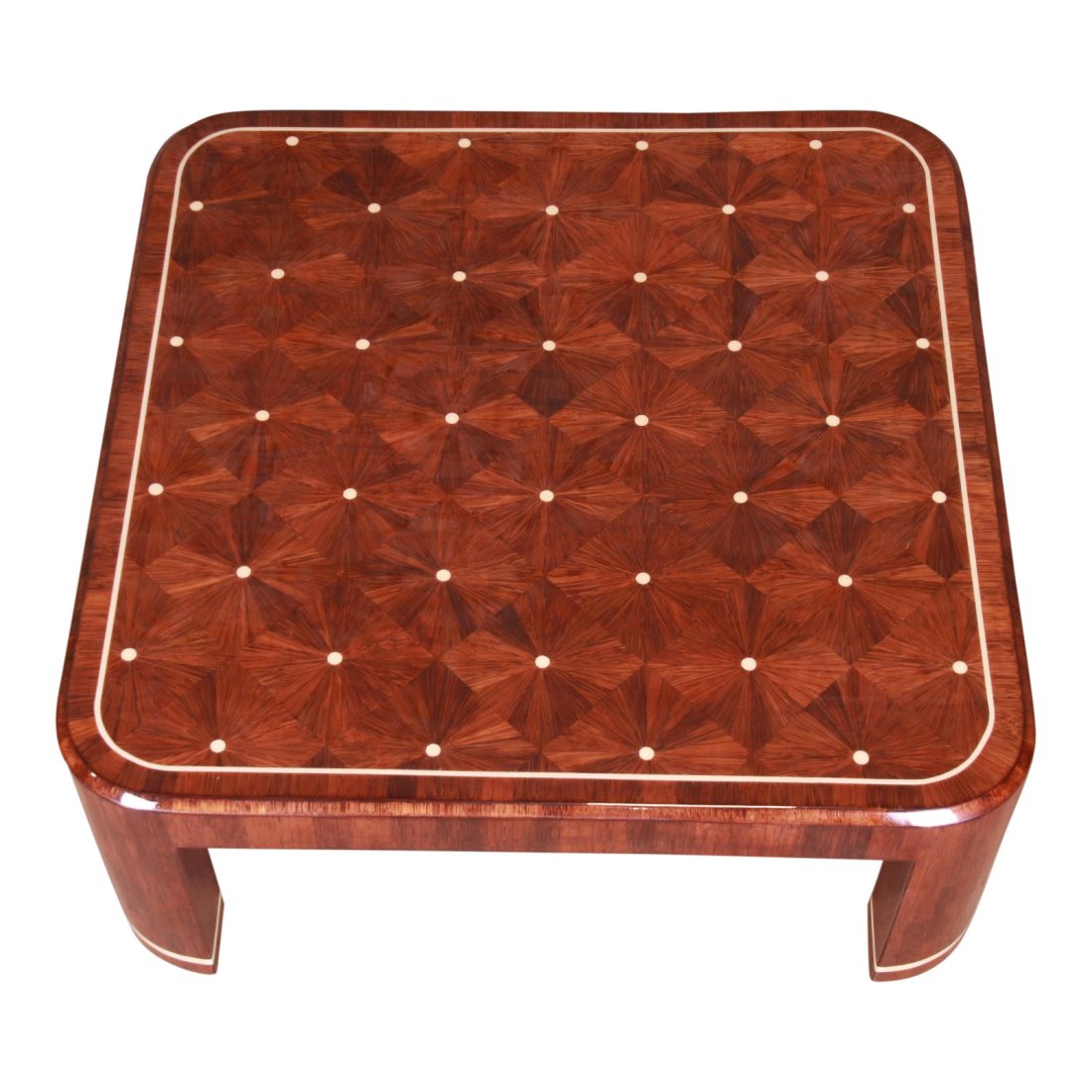 Ron Seff Starburst Marquetry Cocktail Table, Newly Restored: A rare and outstanding modern starburst marquetry coffee or cocktail table Inspired by Jean Michel Frank By Ron Seff USA, Circa 1980s Lacquered raffia in a dazzling starburst marquetry pattern, with r