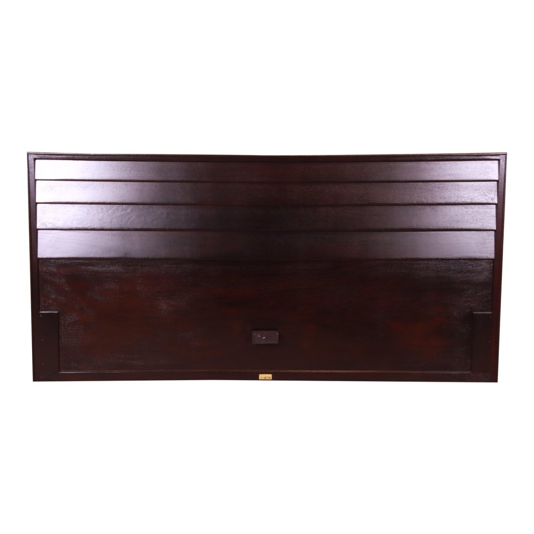 Edward Wormley for Dunbar Ebonized Mahogany Louvered Front King Size Headboard, Newly Refinished: A rare and exceptional mid-century modern king size headboard By Edward Wormley for Dunbar Furniture USA, 1950s Newly ebonized mahogany, with unique louvered front design. Measures: 78"W x 1.38"D x 38