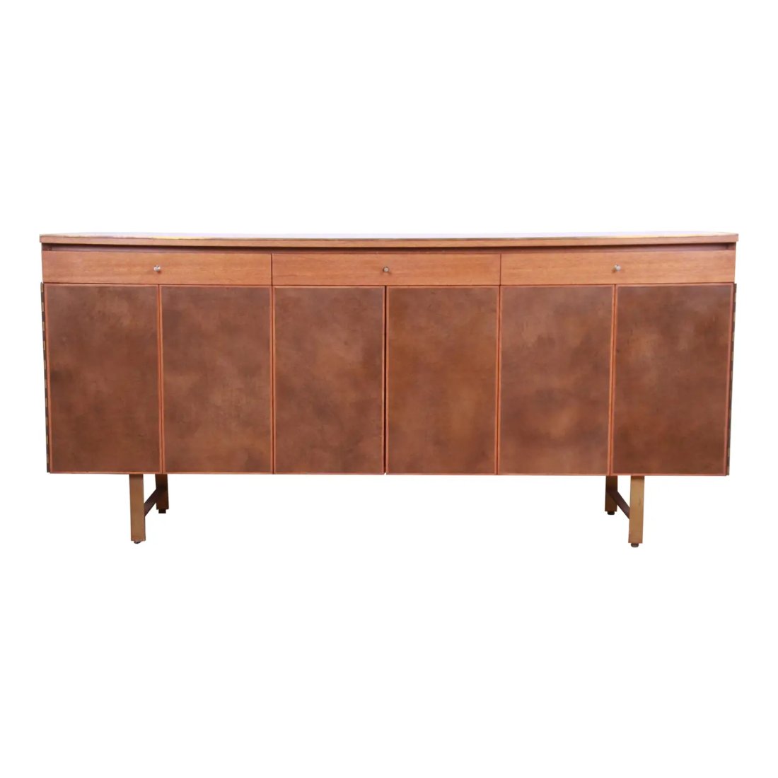 Paul McCobb Irwin Collection Mahogany, Leather, and Brass Credenza, 1950s: A rare and exceptional mid-century modern sideboard, credenza, or bar cabinet By Paul McCobb for Directional and produced by Calvin Furniture, "Irwin Collection" USA, 1950s Honduran mahogany, with lea