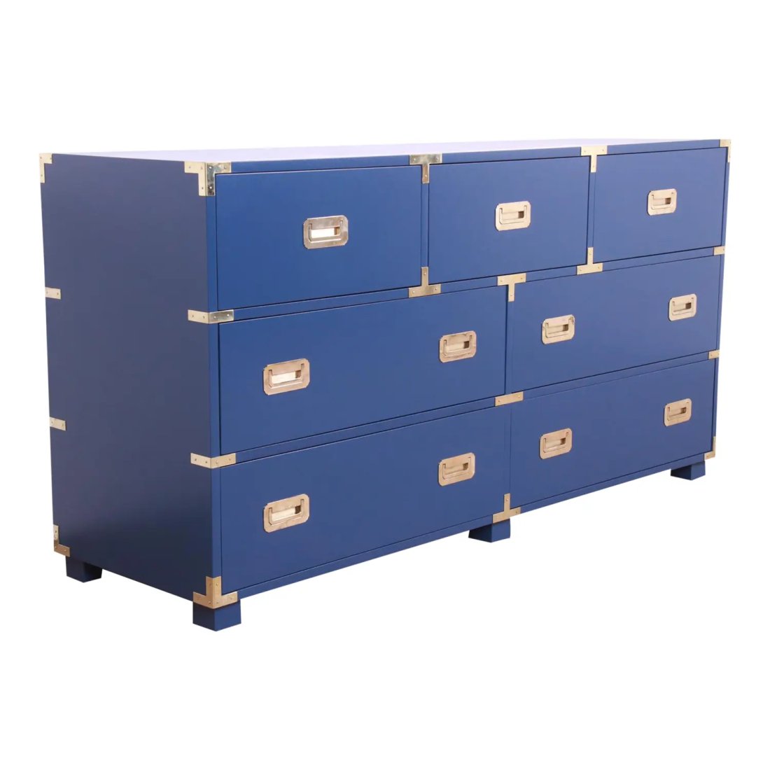 Michael Taylor for Baker Furniture Hollywood Regency Blue Lacquered Campaign Dresser, Refinished: An exceptional mid-century modern Hollywood Regency Campaign style seven-drawer dresser or credenza By Michael Taylor for Baker Furniture, "Far East" Collection USA, 1960s Blue lacquered walnut, with