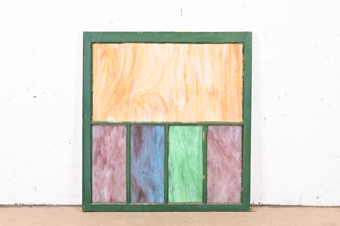 Antique Framed Paneled Stained Slag Glass Window (1 of 7)
