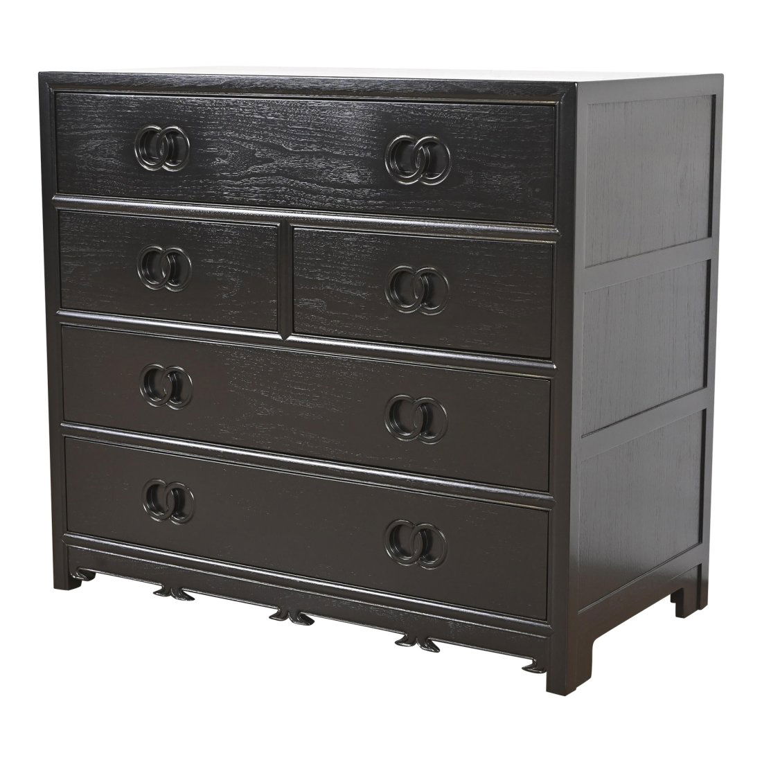 Michael Taylor for Baker Far East Collection Black Lacquered Dresser Chest, Newly Refinished: A stunning mid-century modern Hollywood Regency Chinoiserie five-drawer dresser or chest of drawers By Michael Taylor for Baker Furniture, "Far East" Collection USA, 1960s Black lacquered walnut, with