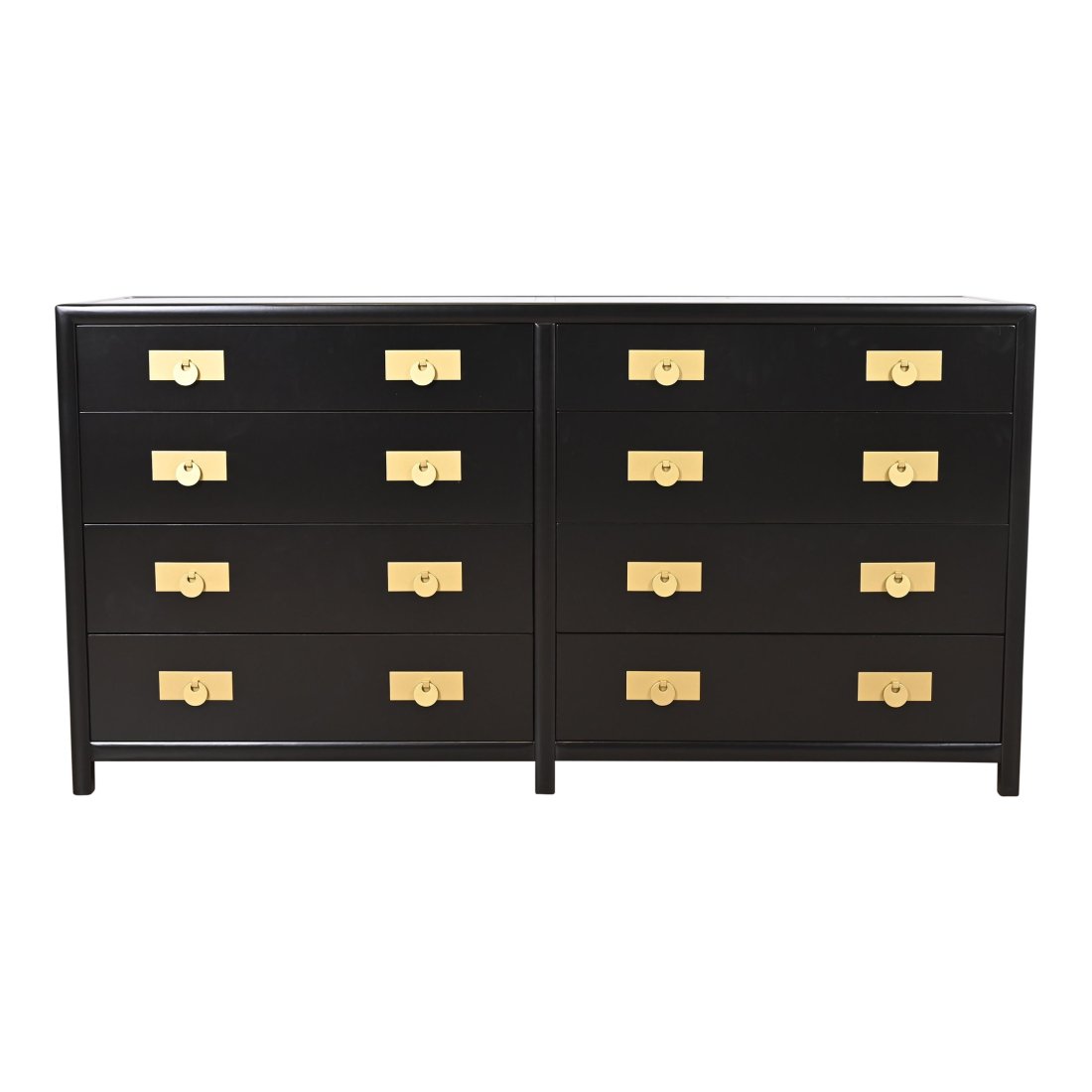 Michael Taylor for Baker Furniture Hollywood Regency Black Lacquered Dresser, Newly Refinished: An exceptional mid-century modern Hollywood Regency eight-drawer dresser or chest of drawers By Michael Taylor for Baker Furniture, "New World" Collection USA, 1950s Black lacquered cherry wood, with