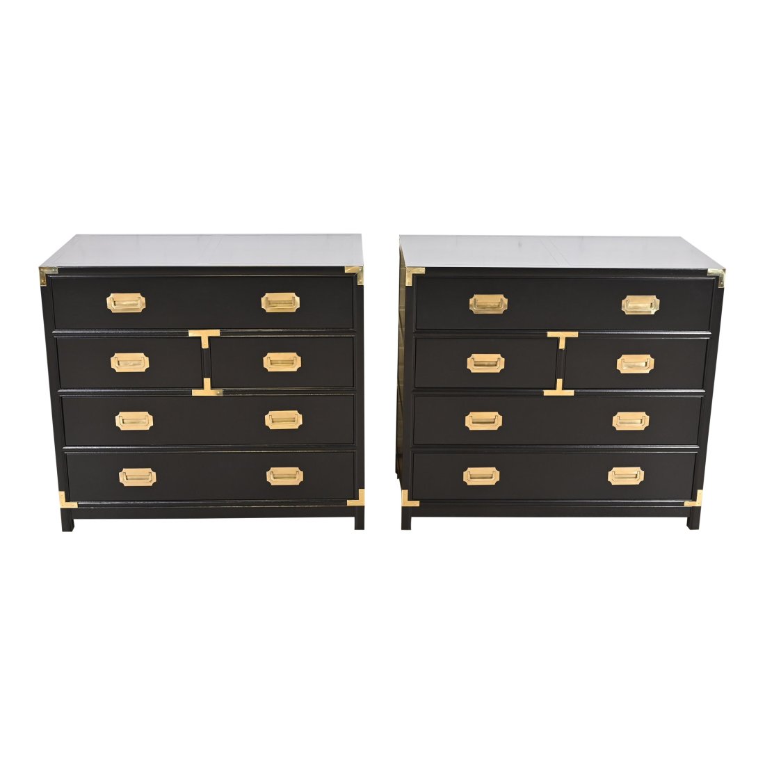 Michael Taylor for Baker Furniture Hollywood Regency Black Lacquered Campaign Dresser Chests, Newly: A stunning pair of mid-century modern Hollywood Regency Campaign style five-drawer dressers or chests of drawers By Michael Taylor for Baker Furniture, "Far East" Collection USA, 1960s Black lacquered