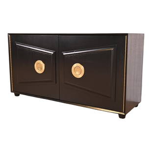 Karpen of California Black Lacquered Sideboard or Bar Cabinet, Newly Refinished: An exceptional Mid-Century Modern Hollywood Regency sideboard, credenza, or bar cabinet By Karpen of California USA, 1950s Black lacquered walnut, with unique original brass hardware. Measures: 62"W x