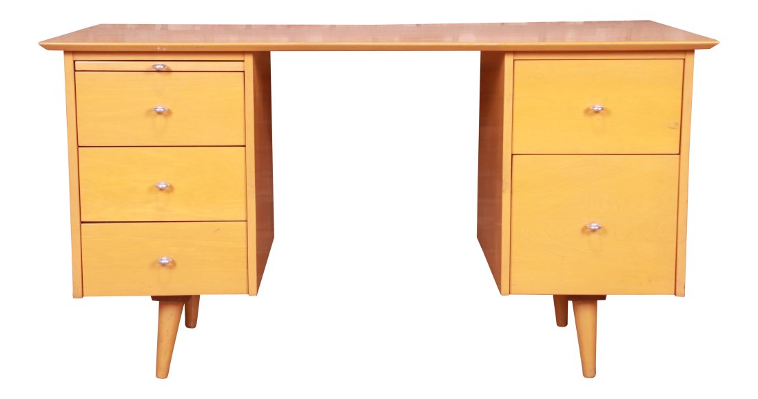 Paul McCobb Planner Group Mid-Century Modern Maple Double Pedestal Desk, 1950s: An exceptional mid-century modern double pedestal executive writing desk By Paul McCobb for Winchendon Furniture, "Planner Group" USA, 1950s Solid maple, with original aluminum ring hardware. Measures