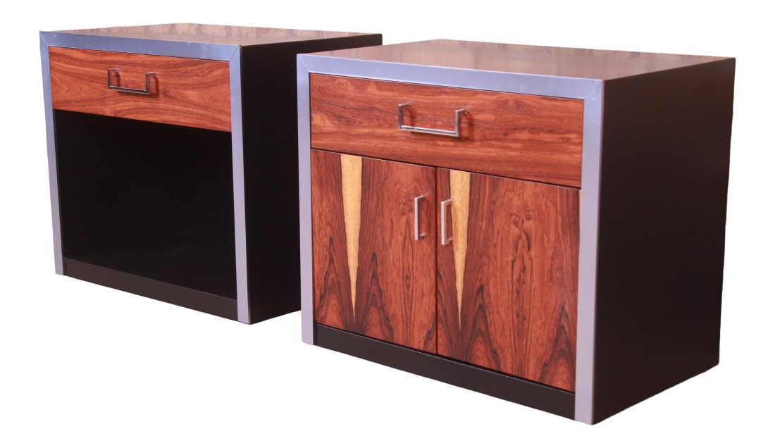 John Stuart Rosewood, Chrome, and Black Lacquer Nightstands, Newly Refinished (1 of 12)