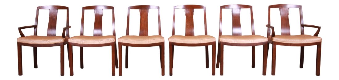 Michael Taylor for Baker Far East Collection Walnut Dining Chairs, Set of Six: A gorgeous set of six mid-century modern Hollywood Regency Chinoiserie dining chairs By Michael Taylor for Baker Furniture "Far East" Collection USA, 1960s Solid carved walnut frames, with gold faux b