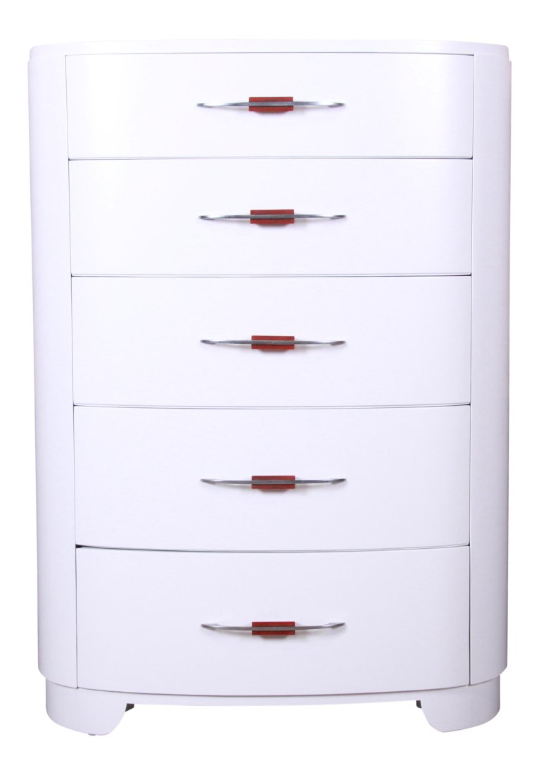 Widdicomb Art Deco White Lacquered Highboy Dresser, Newly Refinished: A gorgeous Art Deco white lacquered five-drawer highboy dresser chest By Widdicomb Furniture Co. USA, Circa 1930s White lacquered maple, with chrome and bakelite hardware. Measures: 35"W x 20.75"D x 4