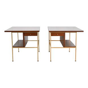 Paul McCobb Irwin Collection Mahogany and Brass Nightstands or End Tables, Newly Refinished: An outstanding pair of Mid-Century Modern bedside tables or occasional side tables By Paul McCobb for Directional and produced by Calvin Furniture, "Irwin Collection" USA, 1950s Mahogany, with brass l