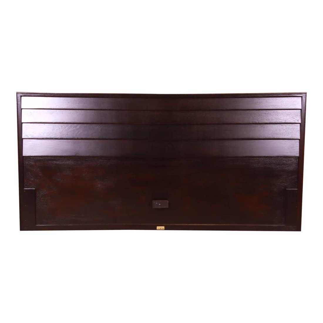 Edward Wormley for Dunbar Ebonized Mahogany Louvered Front King Size Headboard, Newly Refinished: A rare and exceptional mid-century modern king size headboard By Edward Wormley for Dunbar Furniture USA, 1950s Newly ebonized mahogany, with unique louvered front design. Measures: 78"W x 1.38"D x 38