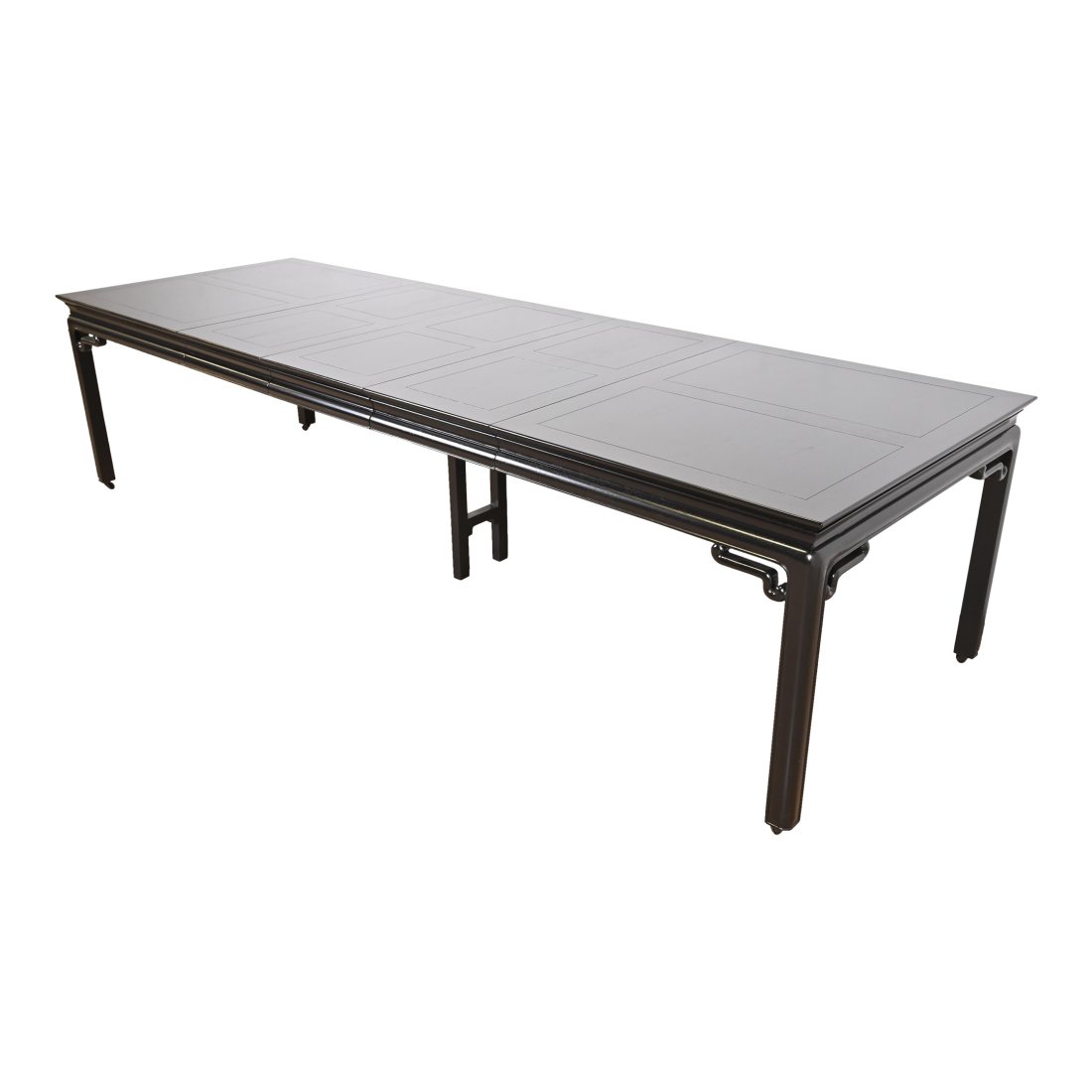 Michael Taylor for Baker Far East Collection Black Lacquered Dining Table, Newly Refinished: An exceptional mid-century modern Hollywood Regency Chinoiserie extension dining table By Michael Taylor for Baker Furniture, "Far East Collection" USA, 1950s Black lacquered walnut, with elegant Asia