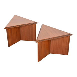 Frank Lloyd Wright Taliesin Mahogany Triangular Side Tables, 1955: A pair of rare and exceptional Mid-Century Modern "Taliesin" triangle side tables or end tablesBy Frank Lloyd Wright for Heritage HenredonUSA, 1955Measures: 21.75" W x 19.25" D x 14.75" H.Mahogany,