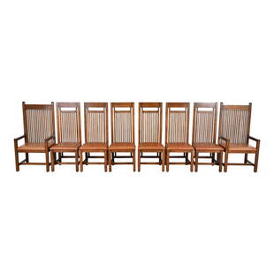 Frank Lloyd Wright Designed Arts & Crafts Oak and Leather High Back Dining Chairs, Set of Eight: An exceptional set of eight Mission or Arts & Crafts style high back dining chairsDesigned by Frank Lloyd Wright for the Isabel Roberts House (1908)These are very high quality reproductions. An