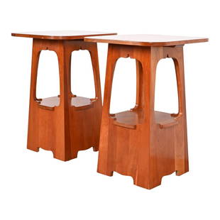 Stickley Arts & Crafts Cherry Wood Cut-Out Side Tables, Pair: A beautiful pair of Mission or Arts & Crafts solid cherry wood cut-out occasional side tables By Stickley USA, 2005 Measures: 20"W x 20"D x 29.25"H. Very good original vintage condition.