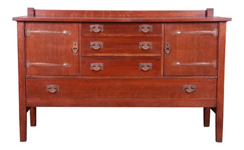 Gustav Stickley Mission Oak Arts & Crafts Sideboard, Circa 1900: A rare and exceptional antique Mission oak Arts & Crafts sideboard or credenza By Gustav Stickley USA, Circa 1900 Quarter sawn oak, with original hammered copper hardware. Measures: 62.25"W x 24"D x 3