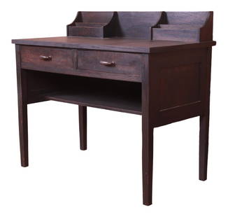 Early Gustav Stickley Ebonized Mission Oak Arts & Crafts Writing Desk, Circa 1900: A rare and exceptional antique Mission oak Arts & Crafts writing desk By Gustav Stickley (original label present) USA, Circa 1900 Solid quarter sawn oak in original ebonized finish, and original coppe
