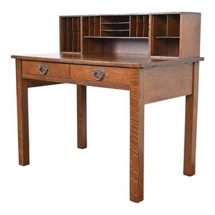 Signed Gustav Stickley Mission Oak Arts & Crafts Writing Desk, Newly Restored: A rare and exceptional antique Mission oak Arts & Crafts writing desk By Gustav Stickley USA, Circa 1900 Solid quarter sawn oak with beautiful exposed dovetail joints, and original copper hardware. Me