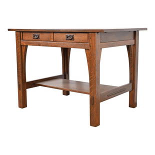 Gustav Stickley Mission Oak Arts & Crafts Writing Desk or Library Table, Circa 1900: A rare and exceptional antique Mission or Arts & Crafts writing desk or library tableBy Gustav StickleyUSA, Circa 1900Solid quarter sawn oak, with original hammered copper hardwareMeasures: 42.13"W x