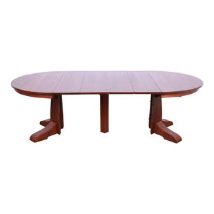 Gustav Stickley Mission Oak Arts & Crafts Pedestal Extension Dining Table, Newly Restored: A rare and exceptional Mission oak Arts & Crafts pedestal extension dining table By Gustav Stickley USA, Circa 1900 Measures: 48"W x 48"D x 29.13"H. Extends up to 96"W with four 12" leaves. Profession