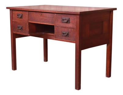 Signed Gustav Stickley Antique Mission Oak Arts & Crafts Desk, Circa 1900: A rare and exceptional antique Mission oak Arts & Crafts writing desk By Gustav Stickley (original label present) USA, Circa 1900 Solid quarter sawn oak, with original hammered copper hardware. Measur