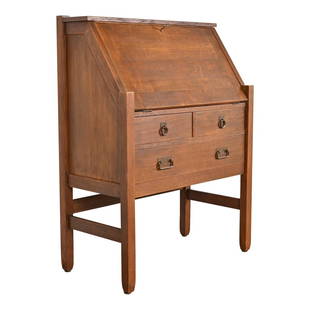 Antique Stickley Brothers Mission Oak Arts & Crafts Drop Front Secretary Desk, Circa 1900: A gorgeous antique Mission or Arts & Crafts slant front writing desk By Stickley Brothers USA, Early 20th Century Quarter sawn oak, with original hammered copper hardware. Desk locks, and key is inclu