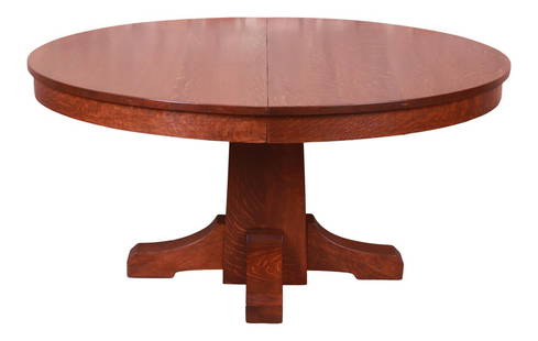 Antique Stickley Mission Oak Arts & Crafts Pedestal Dining Table With Seven Leaves, Newly Restored: A rare and exceptional Mission oak Arts & Crafts pedestal extension dining tableBy L. & J.G. Stickley (original label present) USA, Circa 1900 Measures: 60"W x 60"D x 29.75"H. Extends up to 144"W with