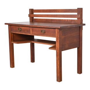 Antique Stickley Mission Oak Arts & Crafts Desk, Circa 1900: An exceptional antique Mission or Arts & Crafts writing desk By L. & J.G. Stickley USA, Circa 1900 Quarter sawn oak, with original hammered copper hardware. Measures: 48"W x 22.13"D x 39"H. Table top
