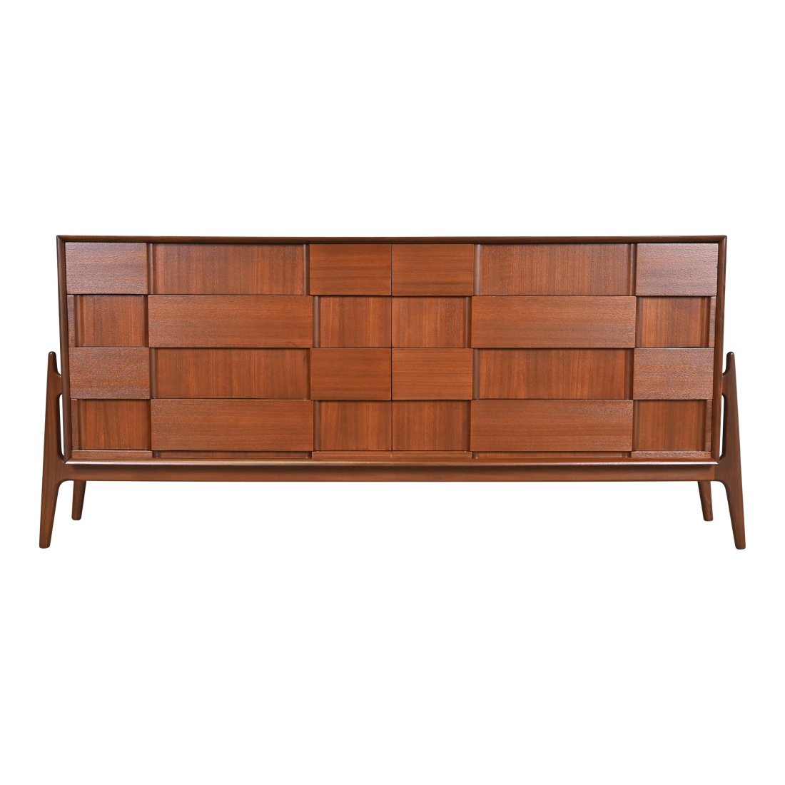 Jorgen Clausen for Brande Mobelfabrik Danish Modern Sculpted Teak Dresser, Newly Refinished: An outstanding mid-century Danish Modern sculpted teak long dresser or credenza By Jorgen Clausen for Brande Mobelfabrik Denmark, 1950s Measures: 83"W x 20"D x 36.5"H. Professionally refinished. Excel